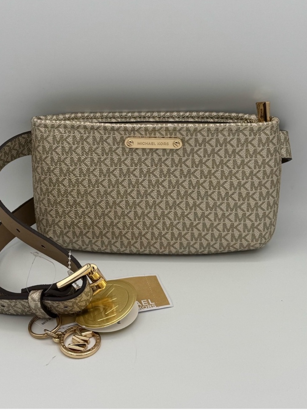 Michael Kors Metallic Pale Gold Logo Belt Bag Fanny Pack with Gold Hardware